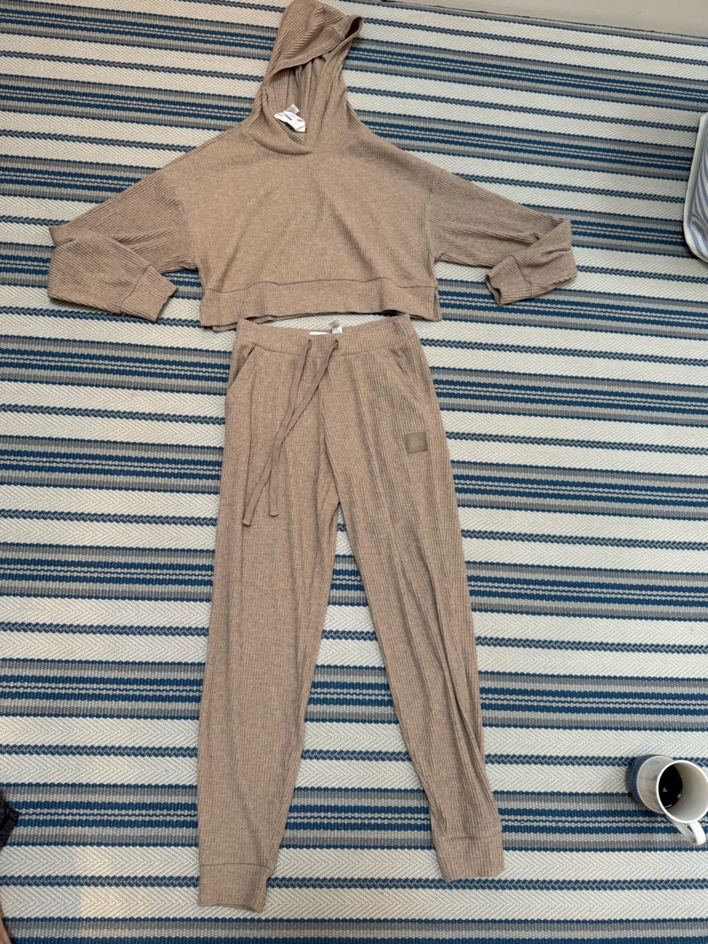 ALO Yoga Ribbed Lounge pants and Top set in Beige Taupe